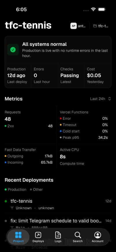 Edge for Vercel project health, metrics, and recent deployments