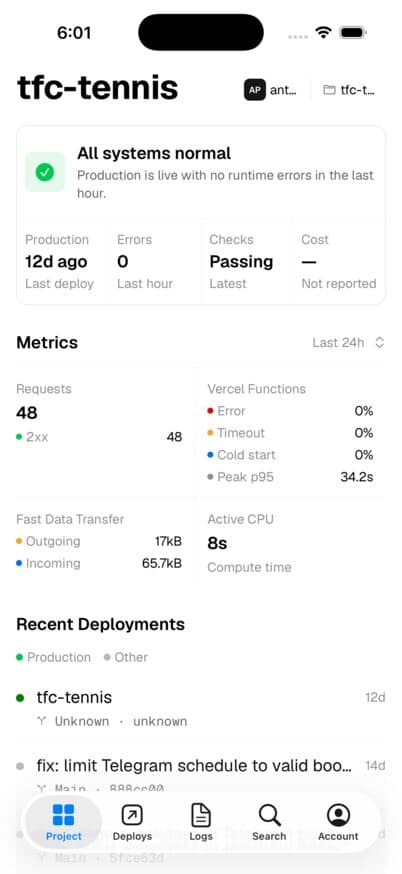 Edge for Vercel project health, metrics, and recent deployments